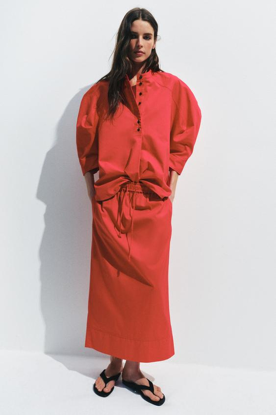 ZARA ЮБКА МИДИ ИЗ ПОПЛИНА — ZW COLLECTION, КРАСНЫЙ