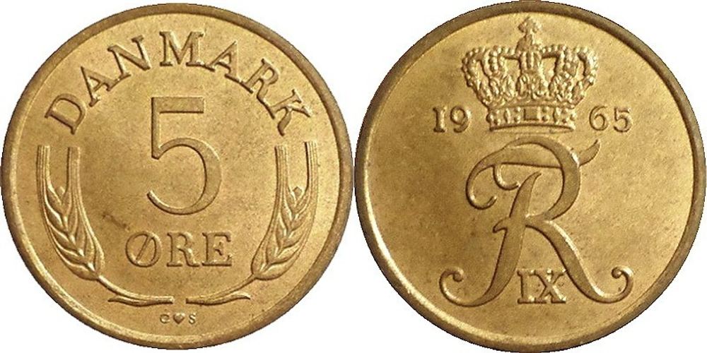 Дания 5 эре, 1960-1972 Король Фредерик IX XF