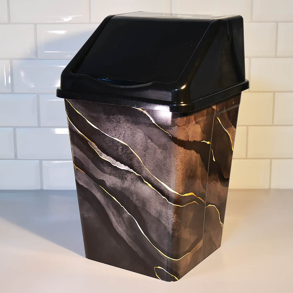 Ведро для мусора 16л с подвижной крышкой квадратное "Черный мрамор"