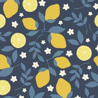 лимоны и цветы на синем фоне