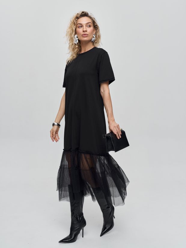 Платье трикотажное макси,с воланом из сетки, черное