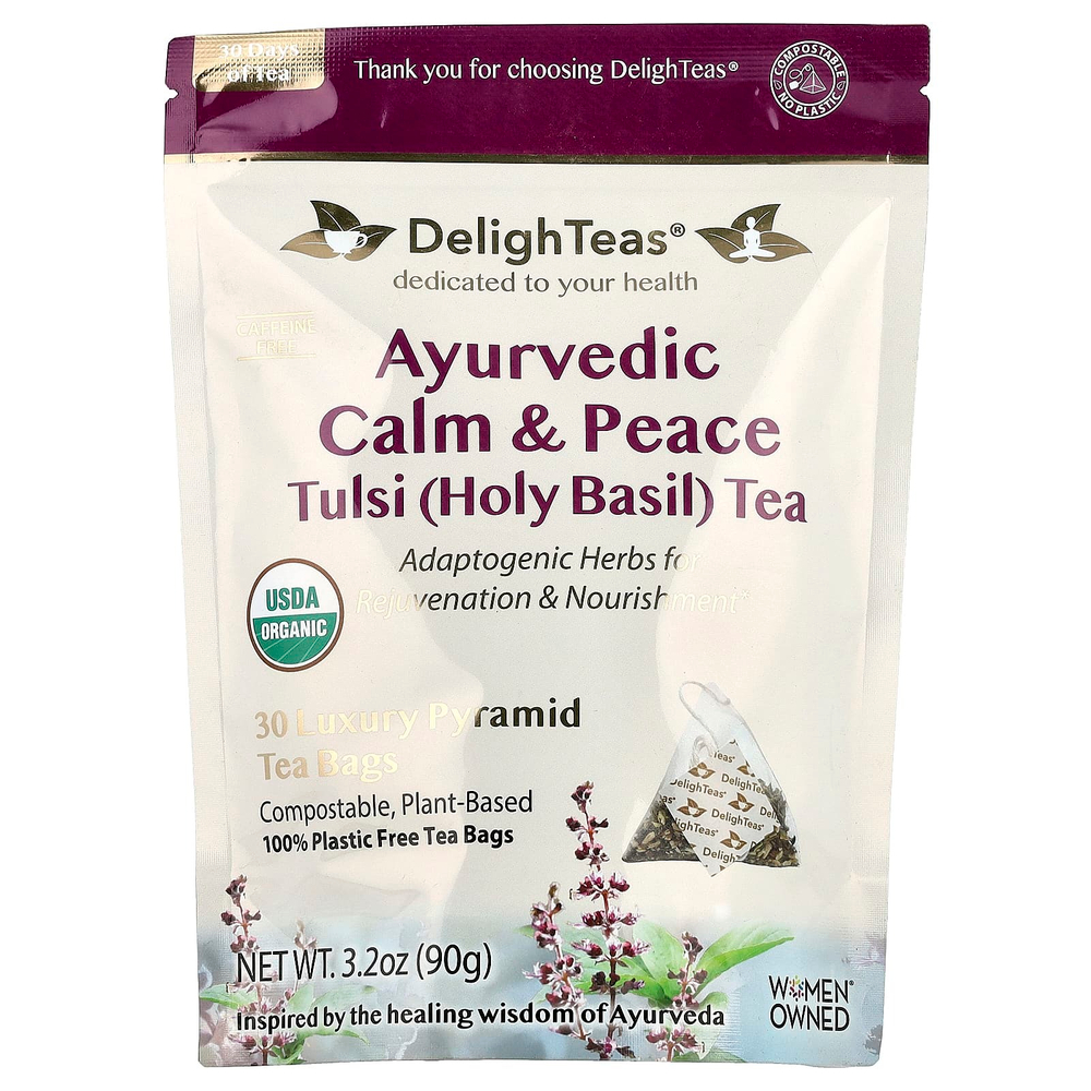 DelighTeas, Аюрведический чай с базиликом (Tulsi), без кофеина, 30 роскошных чайных пакетиков «Пирамида», 90 г (3,2 унции)