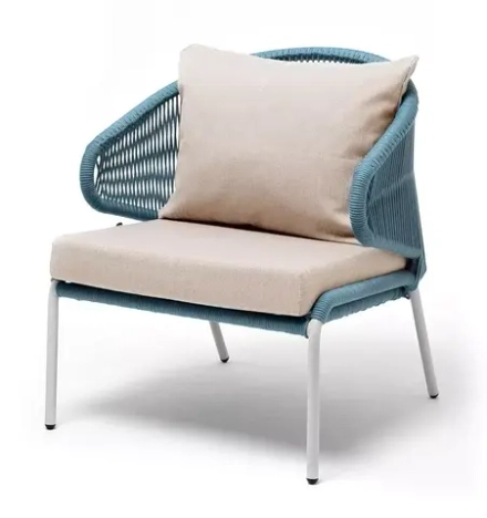 "Милан" кресло плетеное из роупа, каркас алюминий светло-серый (RAL7035) шагрень, роуп бирюзовый круглый, ткань бежевая 035