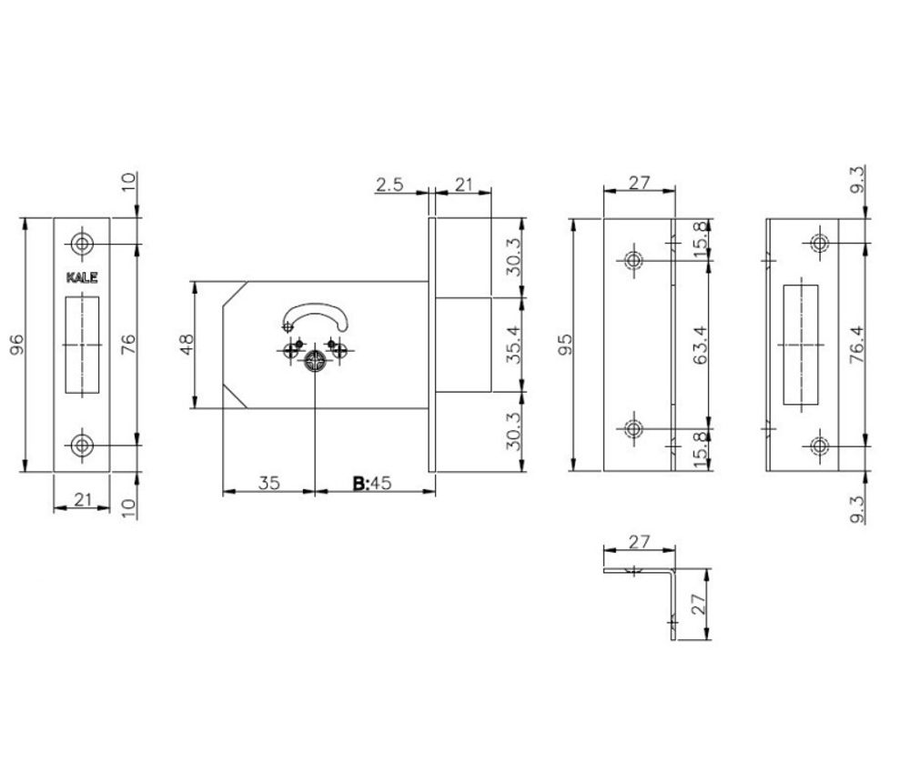 Замок KALE 156/F (45 мм) 3 кл. врезной