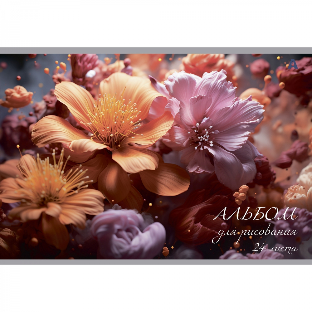 Альбом для рисования А4 24л., Alingar, на скрепке, мелованный картон (стандарт) 210 г/м2, офсет 100 г/м2, "Цветы", 4 дизайна в пленке т/у