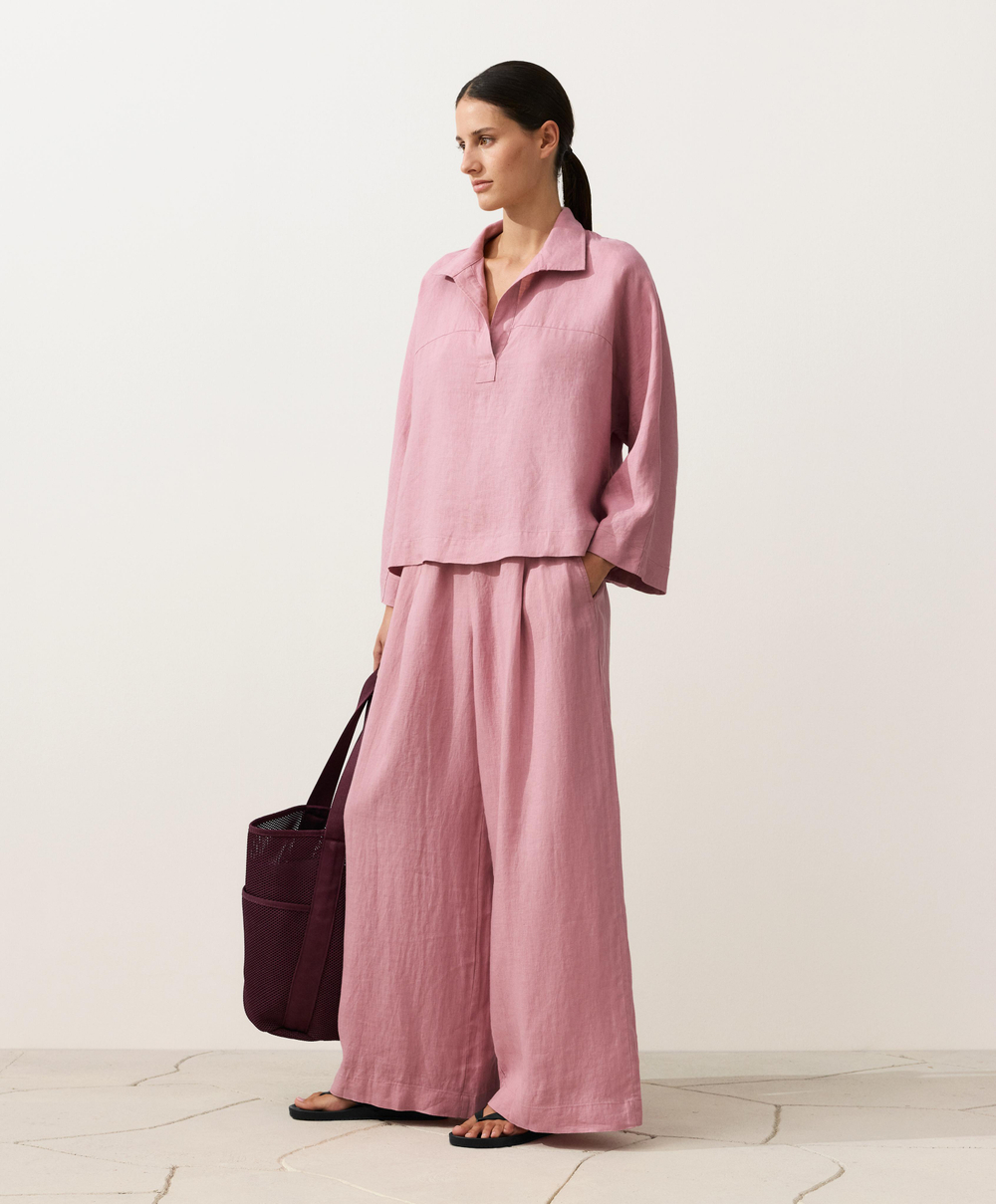 Oysho Рубашка-поло оверсайз с длинными рукавами из 100%-го льна, светло-розовый