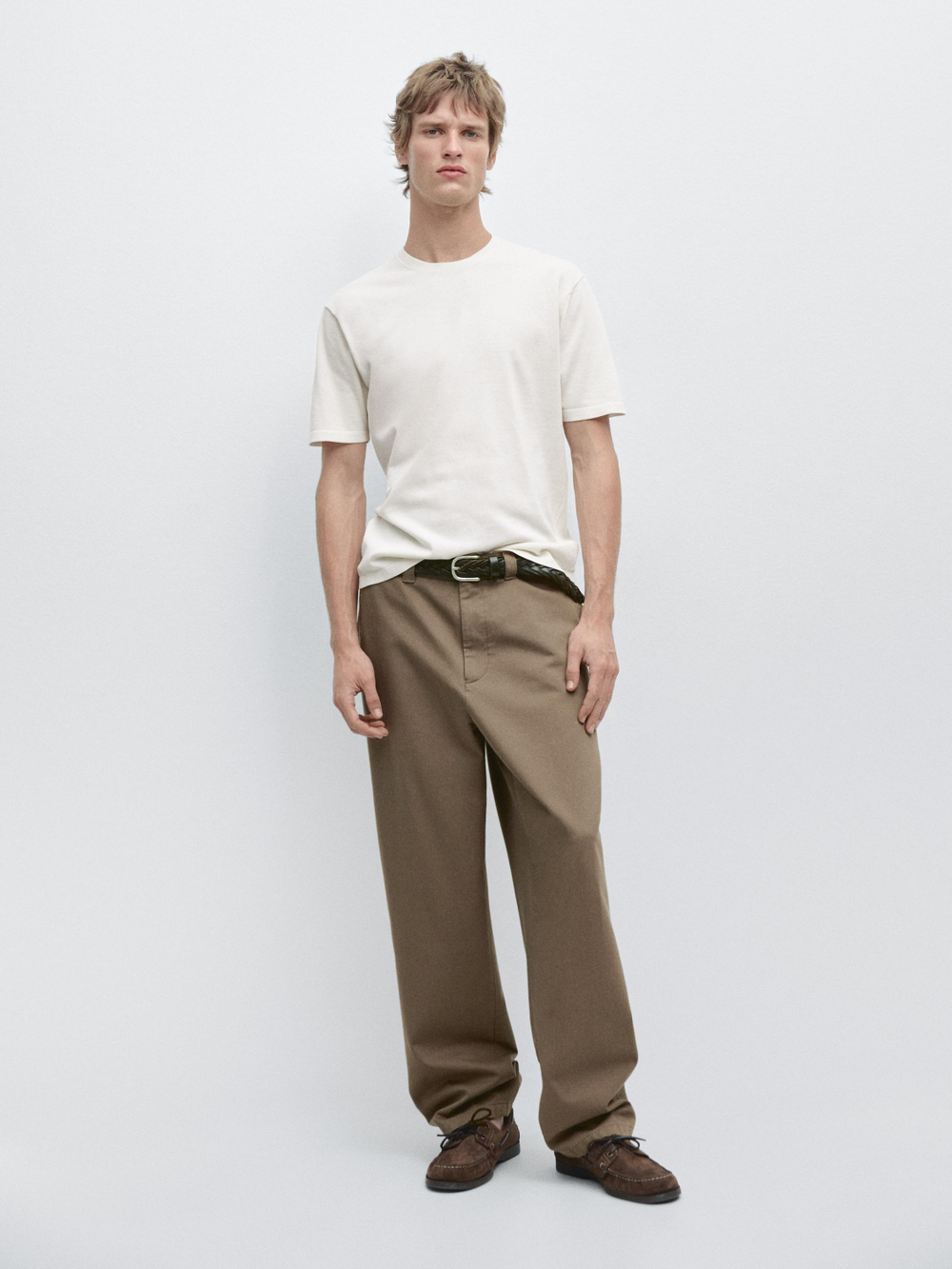 Massimo Dutti Хлопковая футболка с коротким рукавом, кремовый