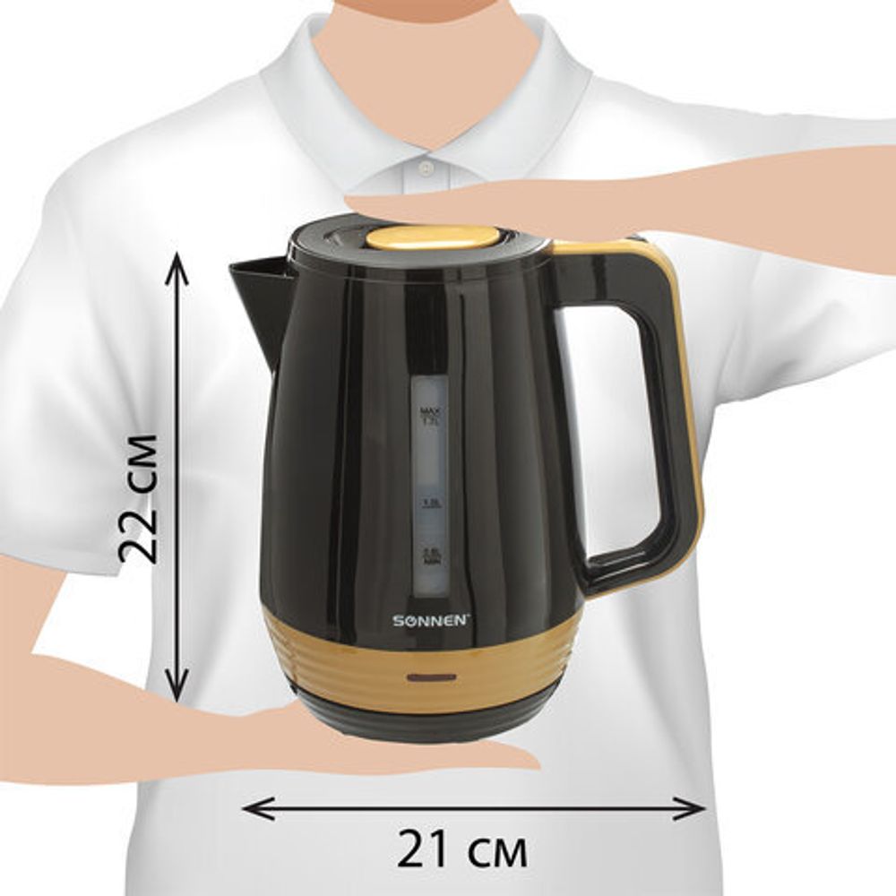 Чайник SONNEN KT-1776, 1,7 л, 2200 Вт, закрытый нагревательный элемент, пластик, черный/горчичный, 453418