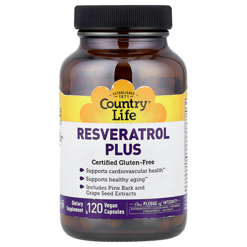 Country Life, Resveratrol Plus, ресвератрол, 120 веганских капсул