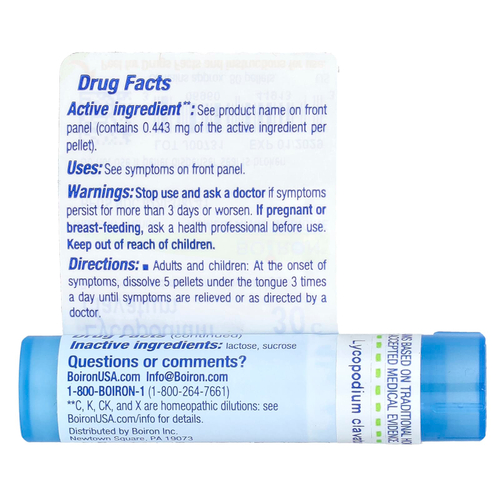 Boiron, Lycopodium Clavatum, 30C, от вздутия живота и газоочистки, примерно 80 гранул