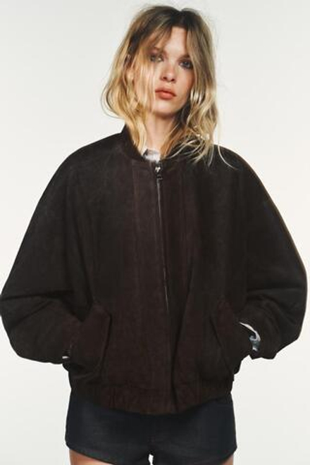 ZARA БОМБЕР ИЗ 100% ЗАМШИ, ШОКОЛАДНО-КОРИЧНЕВЫЙ