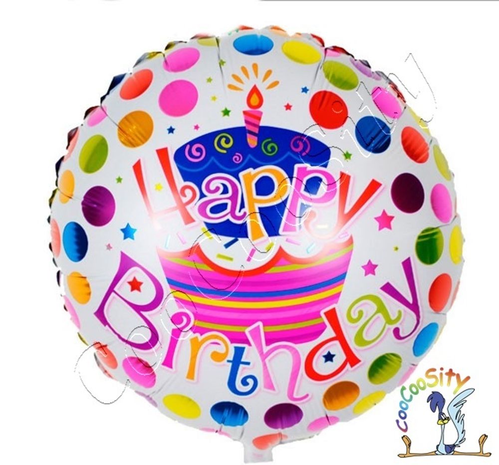 Шар воздушный фольгированный Круг, Happy Birthday, торт и точки 1 шт. (18&#39;&#39;/46 см)