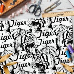 Ткань мембрана белый тигр на белом фоне с надписями