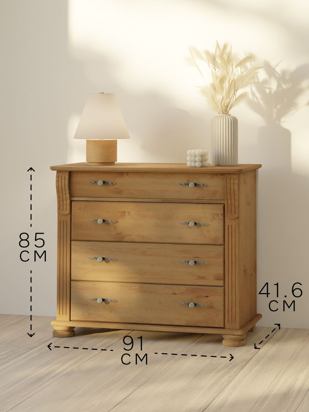 Комод, 91х42х85, Susanna, для одежды, с 4-мя ящиками, в спальню и гостиную, из массива дерева, коричневый бейц, Dipriz