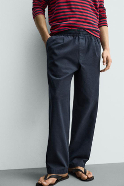 ZARA БРЮКИ RELAXED FIT В ЕЛОЧКУ, МОРСКОЙ СИНИЙ