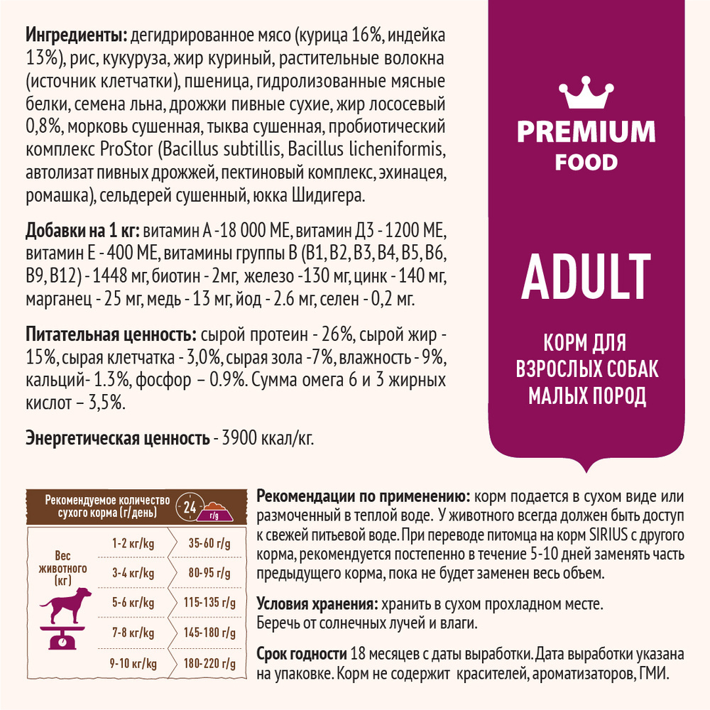 Sirius Adult Сухой полнорационный корм для взрослых собак мелких пород, Индейка и рис, 2 кг