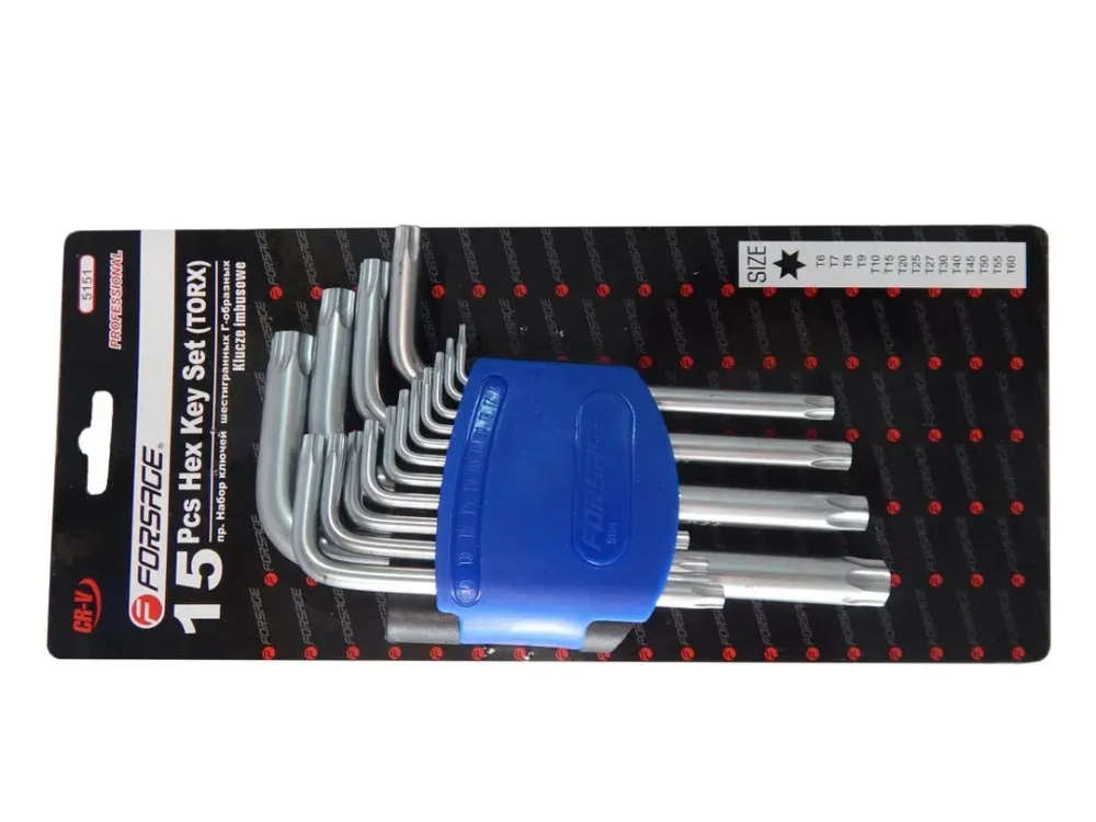 Набор ключей TORX Г-образных, 15пр.(Т6, T7, T8, T9, Т10, Т15, Т20, Т25, Т27, Т30, Т40, Т45, Т50, Т55, Т60)в пластиковом держателе Forsage F-5151