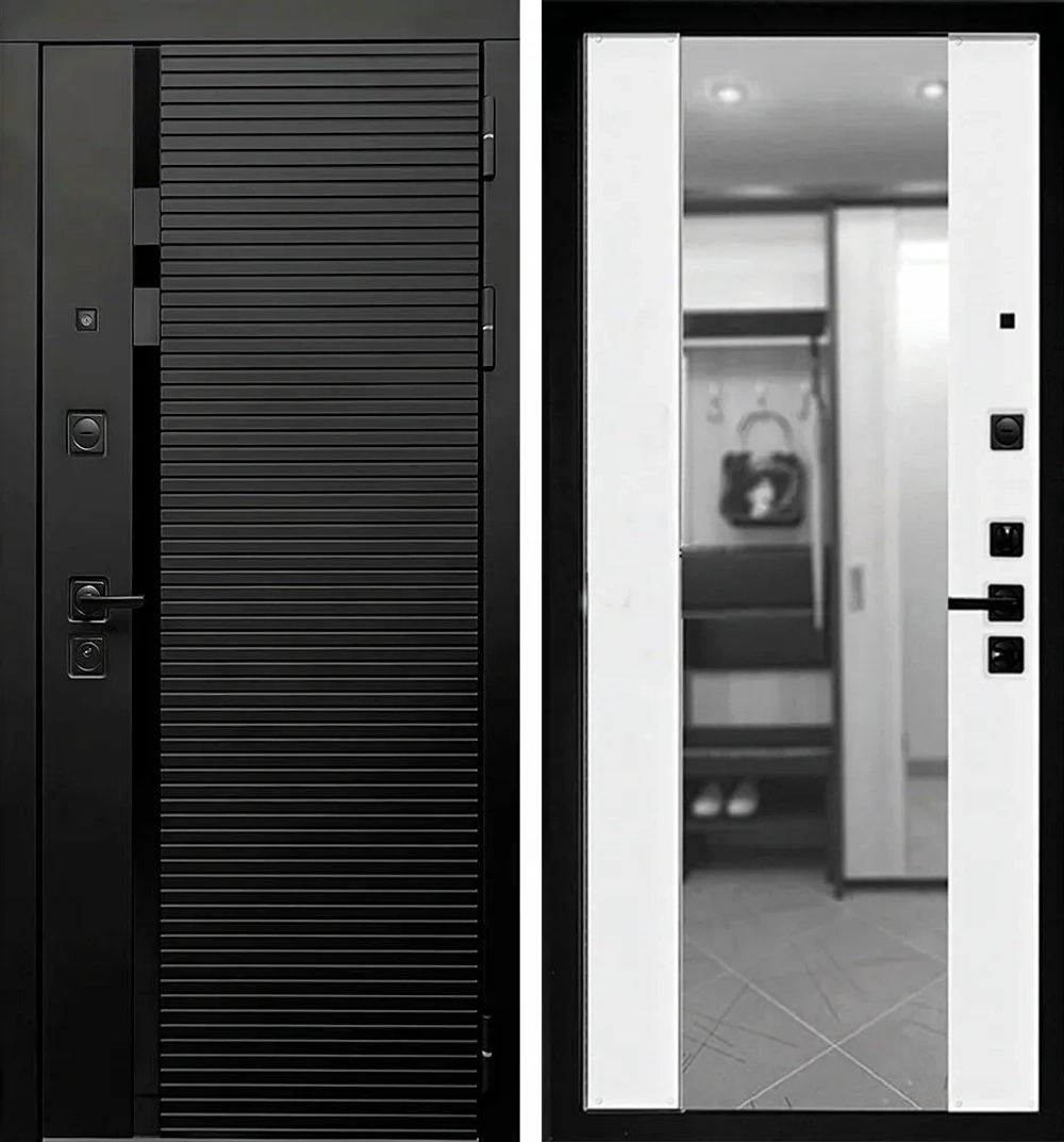 Черная металлическая дверь в квартиру с зеркалом - 1058