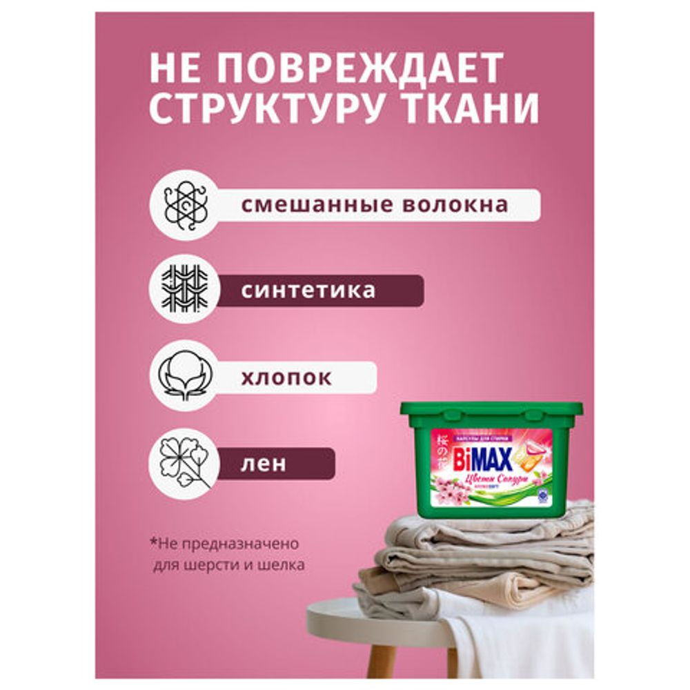 Капсулы для стирки белья 12 шт., BIMAX "Цветы Сакуры", пластиковая коробка, 446-7