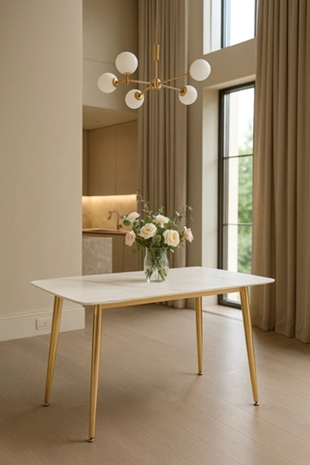 Стол обеденный Ist Casa Рио Голд, 120х80х76 см, белый мрамор Статуарио, глянцевое золото