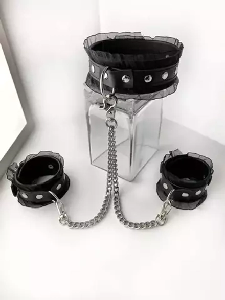 Комплект наручники и ошейник Indigo кожа с рюшами, чёрный (арт-204)
