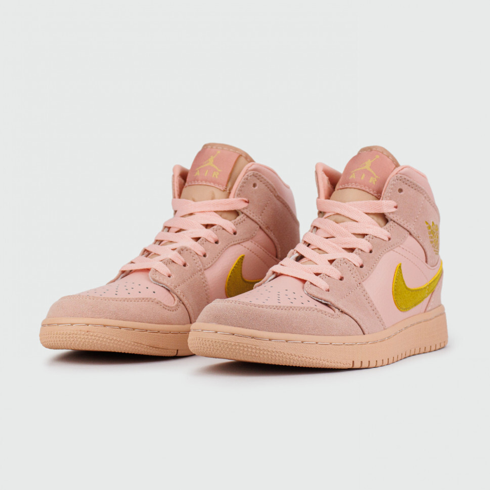 кроссовки Air Jordan 1 Mid Pink Gold Swoosh Wmns