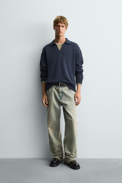 ZARA ТРИКОТАЖНОЕ ПОЛО С ПЕТЕЛЬНЫМ УЗОРОМ, ИНДИГО