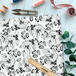 Ткань габардин эскиз кофейных листьев и зёрен