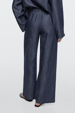 Massimo Dutti Джинсы Total Look из смесовой льняной ткани с широкими штанинами, темно-синий