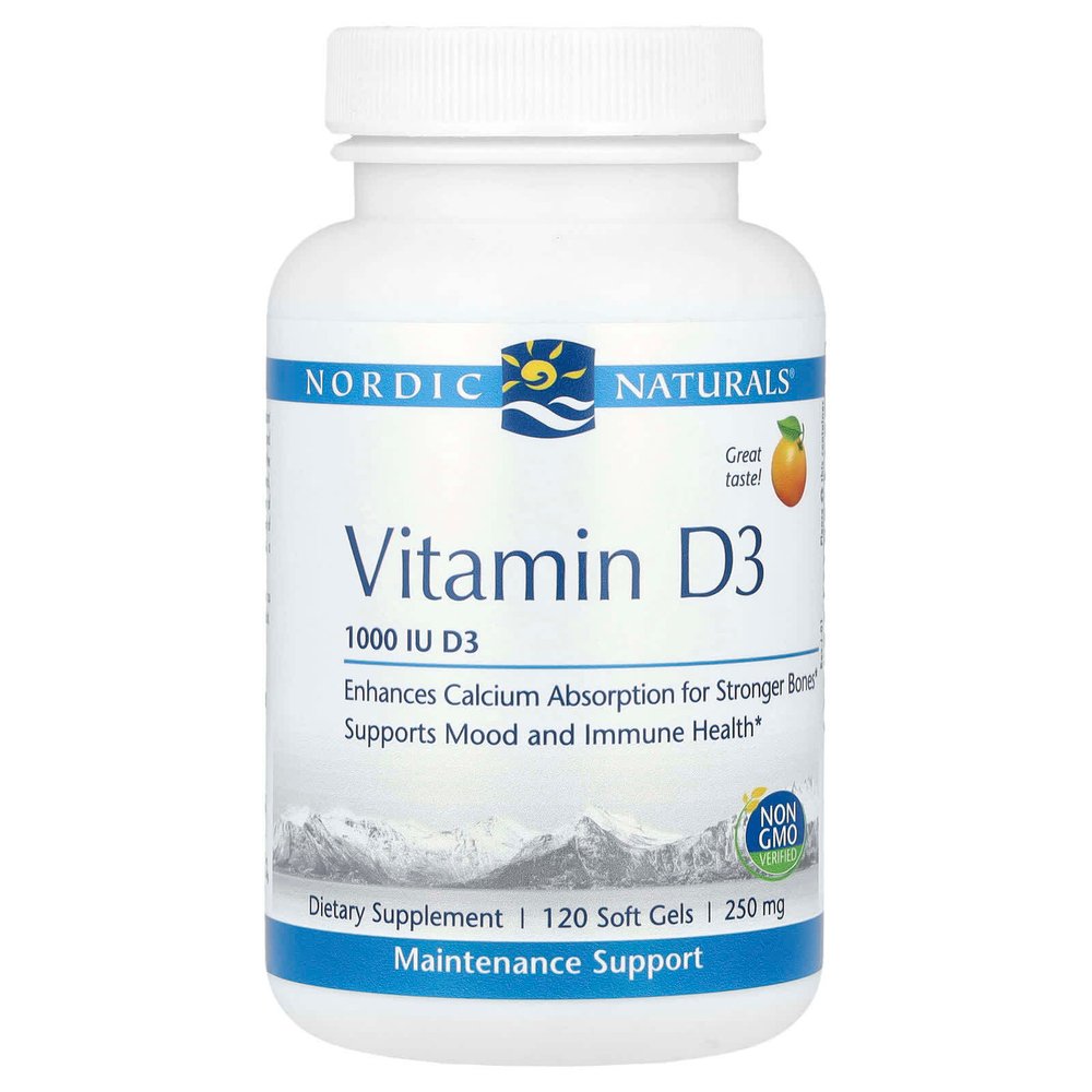 Nordic Naturals, Витамин D3, апельсин, 25 мкг (1000 МЕ), 120 мягких таблеток