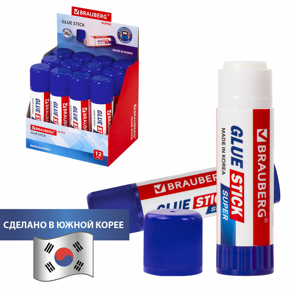 Клей-карандаш BRAUBERG SUPER 36 г ЮЖНАЯ КОРЕЯ (12 штук в упаковке)