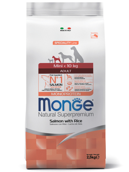 Сухой корм Monge Dog Speciality Line Monoprotein Mini, для взрослых собак мелких пород, из лосося с рисом 2,5 кг