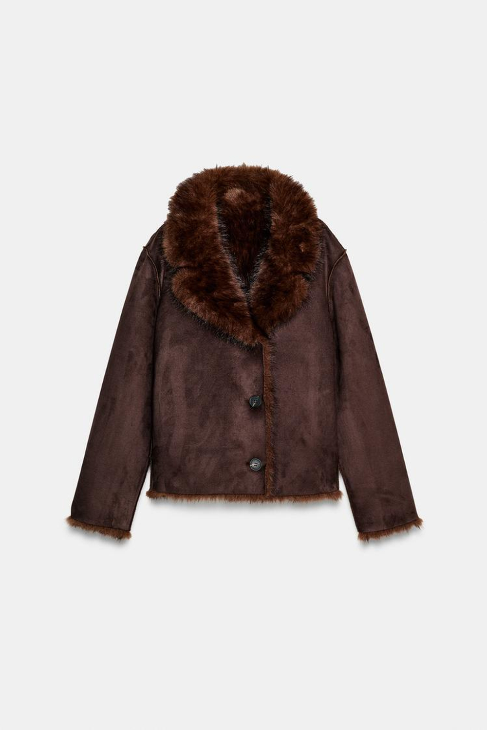 ZARA ДВУСТОРОННЯЯ КУРТКА С ИСКУССТВЕННЫМ МЕХОМ, ТЕМНО-КОРИЧНЕВЫЙ
