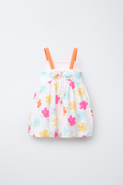 ZARA ПЛАТЬЕ ИЗ РЕЛЬЕФНОЙ ТКАНИ С ПРИНТОМ И БАНТОМ, ОРАНЖЕВЫЙ