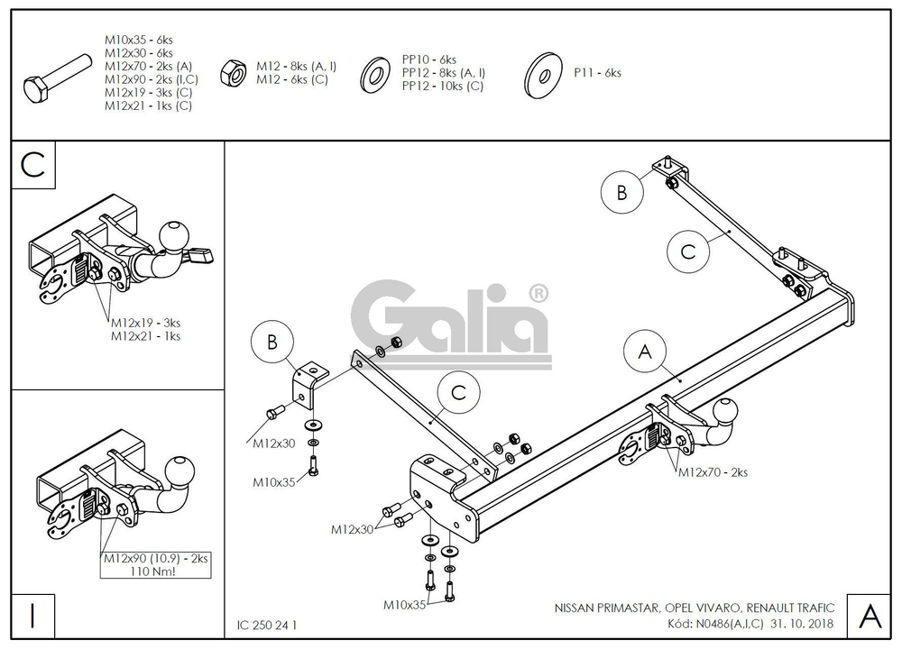 Оцинкованный фаркоп на Nissan Primastar 2002-2014, Opel Vivaro 2002-2014, Renault Trafic 2002-2014 (без электрики), Galia N048C