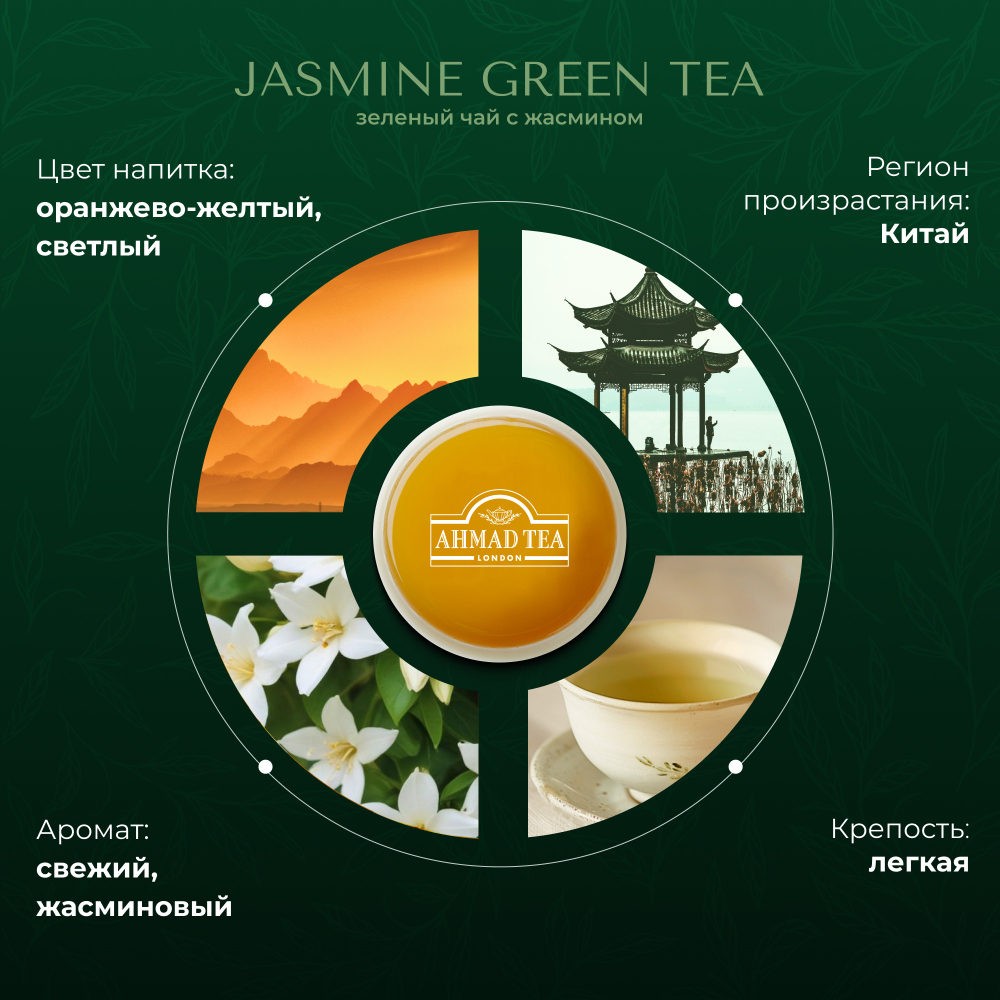 Чай "Ahmad Tea", Зеленый чай с жасмином, пакетики с ярлычками в конвертах из фольги,100х2г