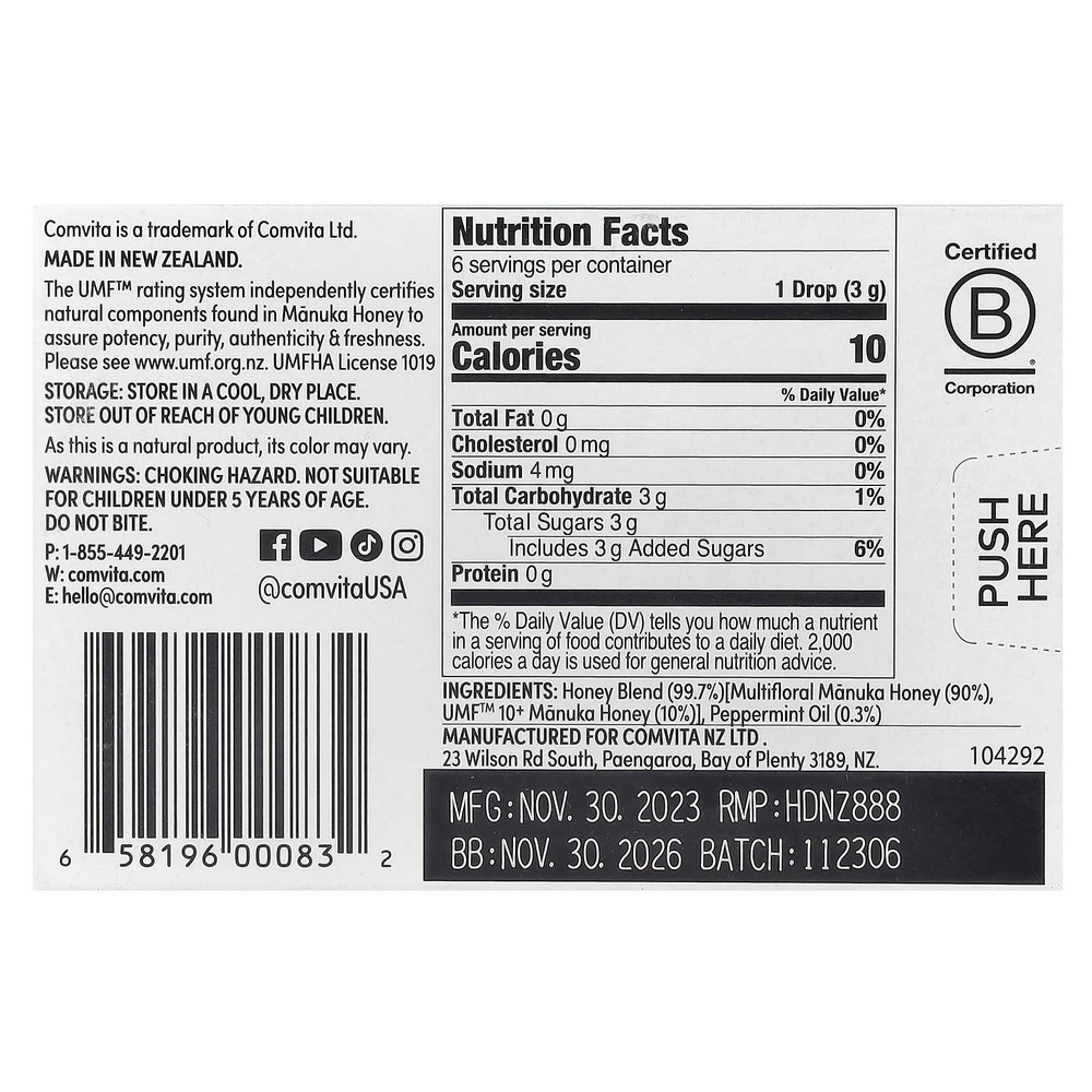 Comvita, Manuka Honey Drops, перечная мята, 6 капель, 18 г (0,63 унции)