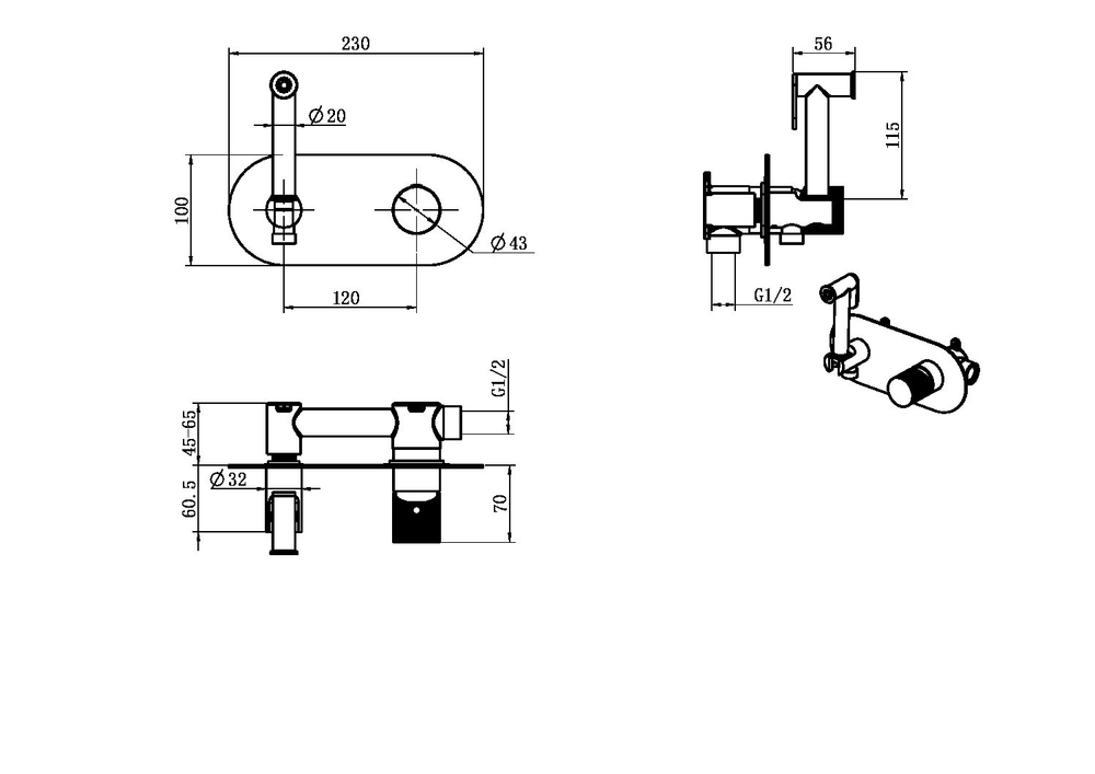 Смеситель гигиенический STICK BRUSHED BRONZE ручка LINEA