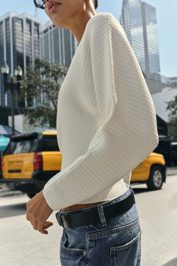 ZARA ДЖЕМПЕР В РУБЧИК С ОБЪЕМНЫМИ РУКАВАМИ, ЭКРЮ