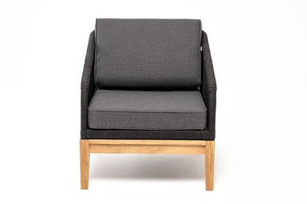 "Канны" кресло плетеное из роупа, основание дуб, роуп темно-серый круглый, ткань темно-серая 027
