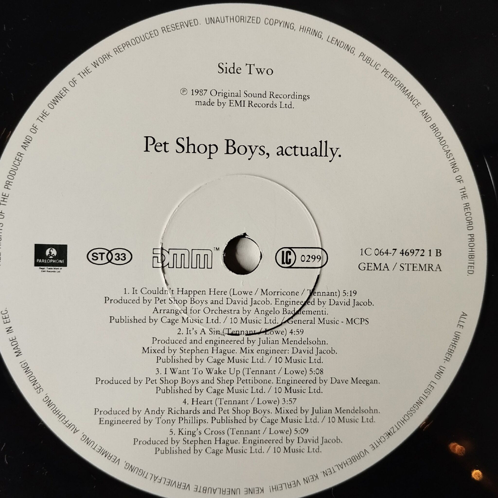 Винтажная виниловая пластинка LP Pet Shop Boys Actually (Germany 1987) Hit Music
