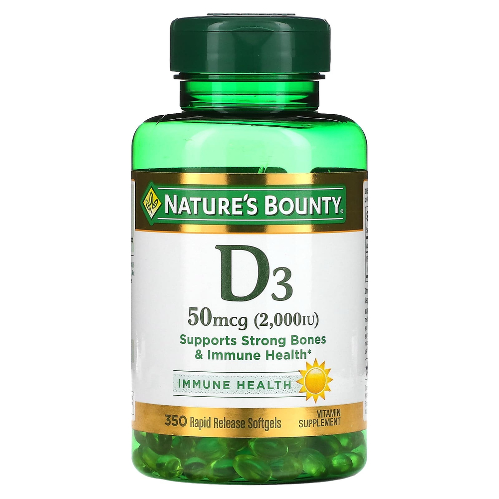 Nature's Bounty, витамин D3, 50 мкг (2000 МЕ), 350 капсул быстрого высвобождения
