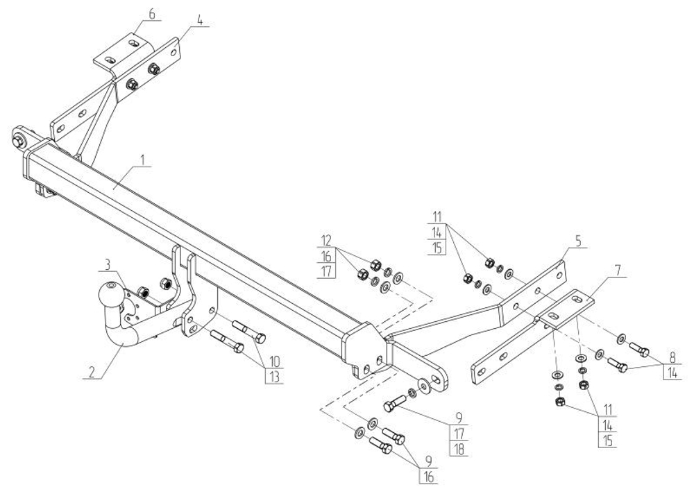 Фаркоп для Peugeot Partner, Citroen Berlingo L1 2008-2018, 2018-. Тип шара: A. Нагрузки: 1300/75 кг, PE 01