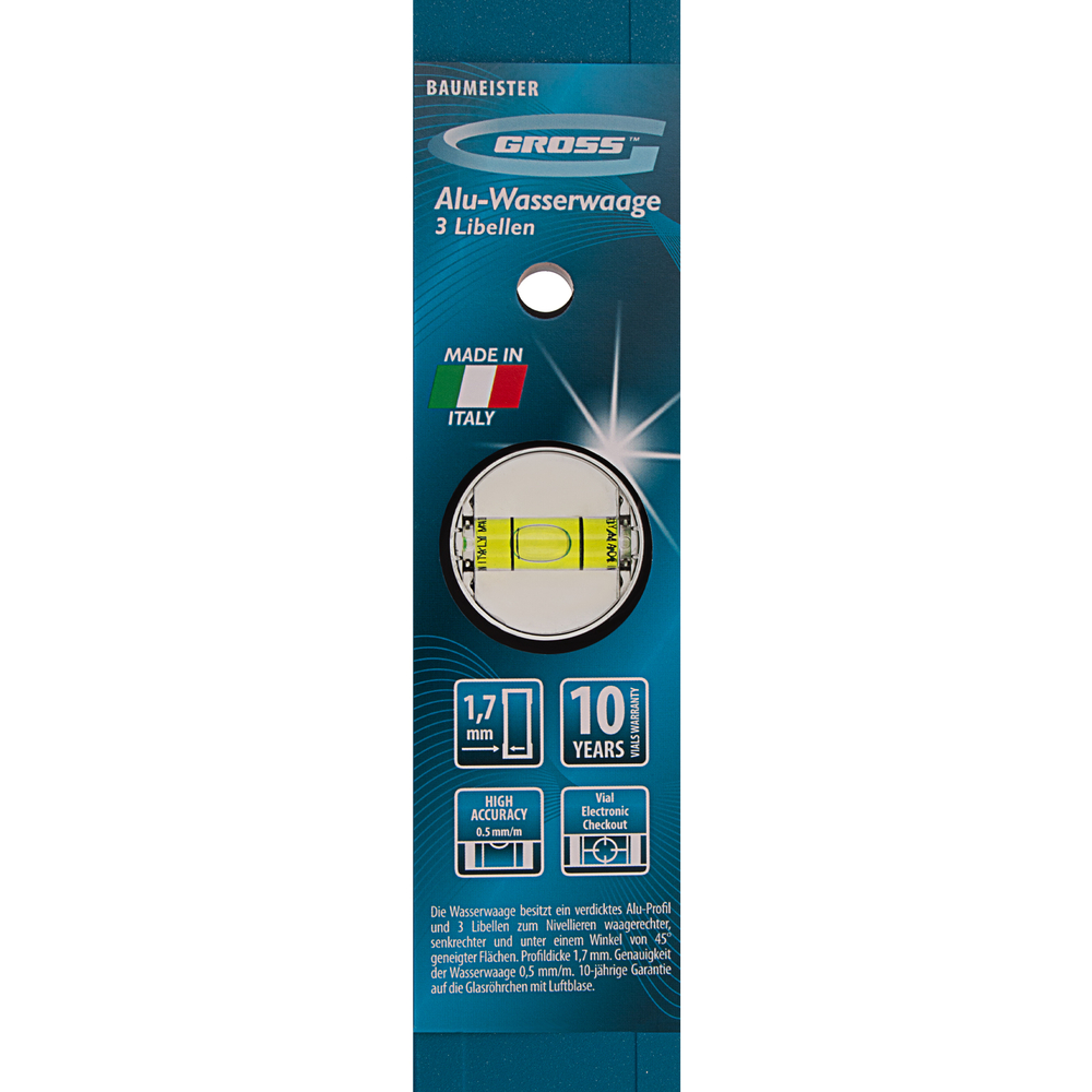 Уровень алюминиевый усиленный, 800 мм, 3 глазка Gross