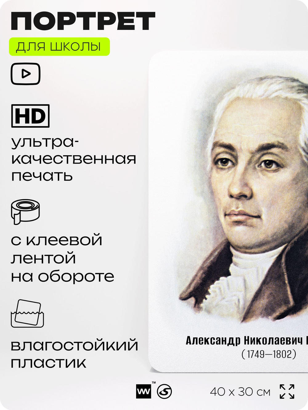 Портрет для школы в кабинет литературы и русского языка "Радищев Александр Николаевич", стенд школьный для класса, для оформления классного уголка, 40х30 см, Silver Plane x Айдентика Технолоджи