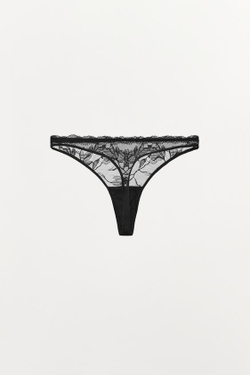 ZARA ТРУСЫ ТАНГА С ЦВЕТОЧНОЙ ВЫШИВКОЙ, ЧЕРНЫЙ