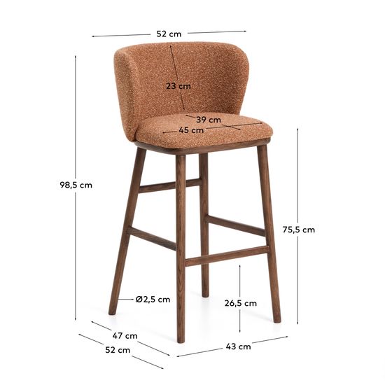 Барный стул Ciselia из терракотового шенилла с ножками из ясеня в отделке орех