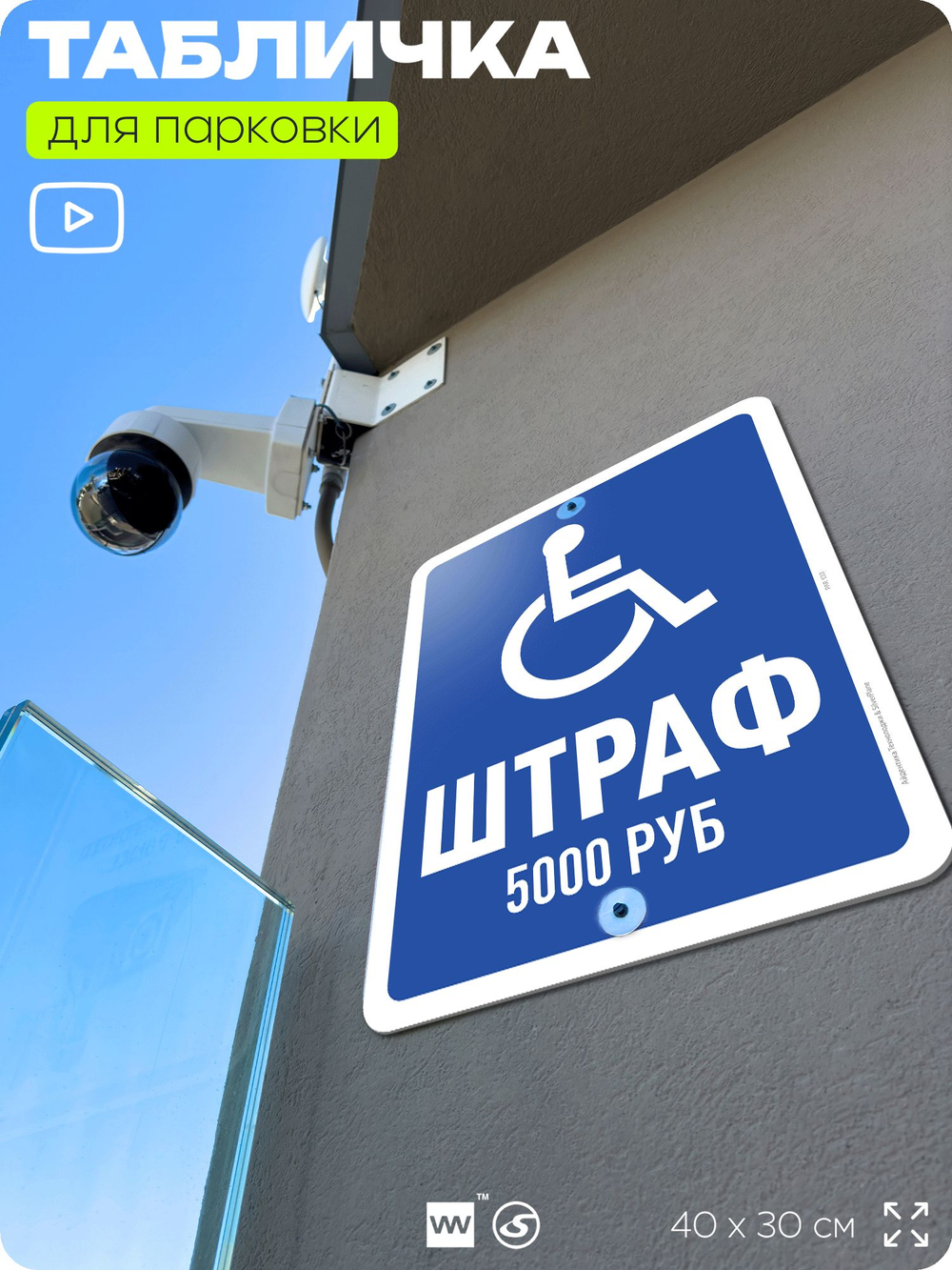 Табличка для парковки "Инвалидная парковка, штраф - 5000 руб", для дома, офиса, организаций, 40х30 см, Silver Plane x Айдентика Технолоджи