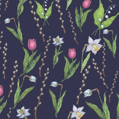 Узор с весенними цветами и вербой