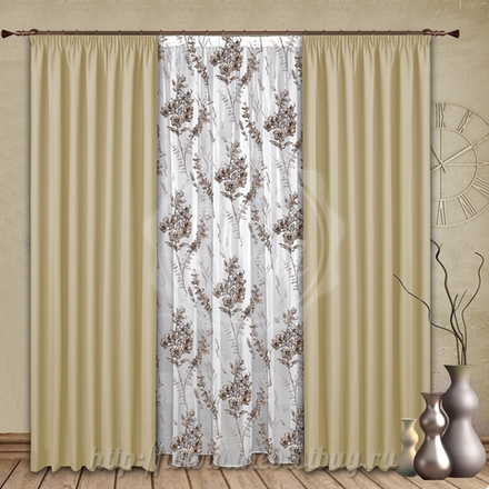 Шторы для гостиной: Коки  (арт. 1078-1)  - 400х270, (150х270)х2 см. - светлый беж